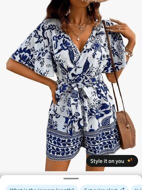 Blue Floral Wrap Romper with Tie Waist - Women Jumpsuit